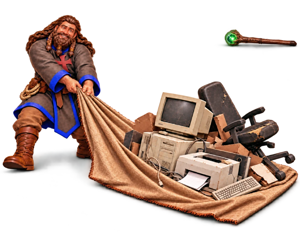 Friar Little John pulling a cloth full of office junk